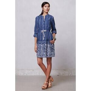 Meadow Rue cotton shirt dress drawstring waist blue cream floral bohemian